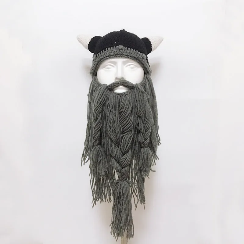 Funny Crazy Halloween Cosplay Men Knit Viking Beard Horn Hat Ski Mask Cap Barbarian Vagabond Cool Beanie Winter Warm Unisex Hat Brown_Free size
