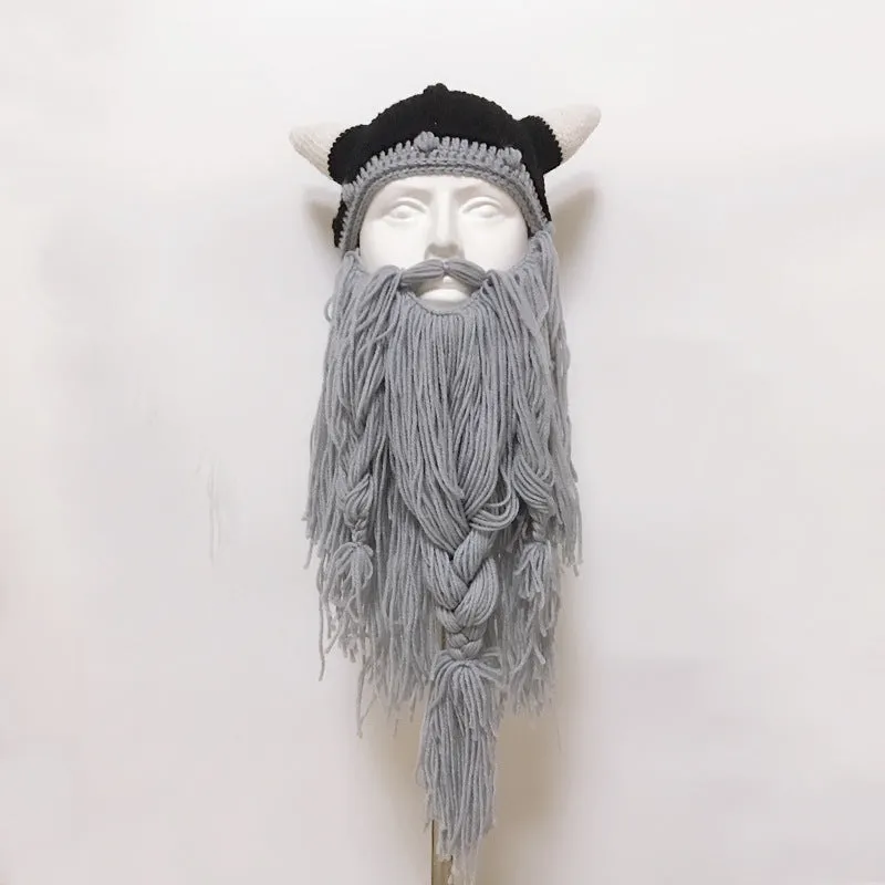 Funny Crazy Halloween Cosplay Men Knit Viking Beard Horn Hat Ski Mask Cap Barbarian Vagabond Cool Beanie Winter Warm Unisex Hat Brown_Free size