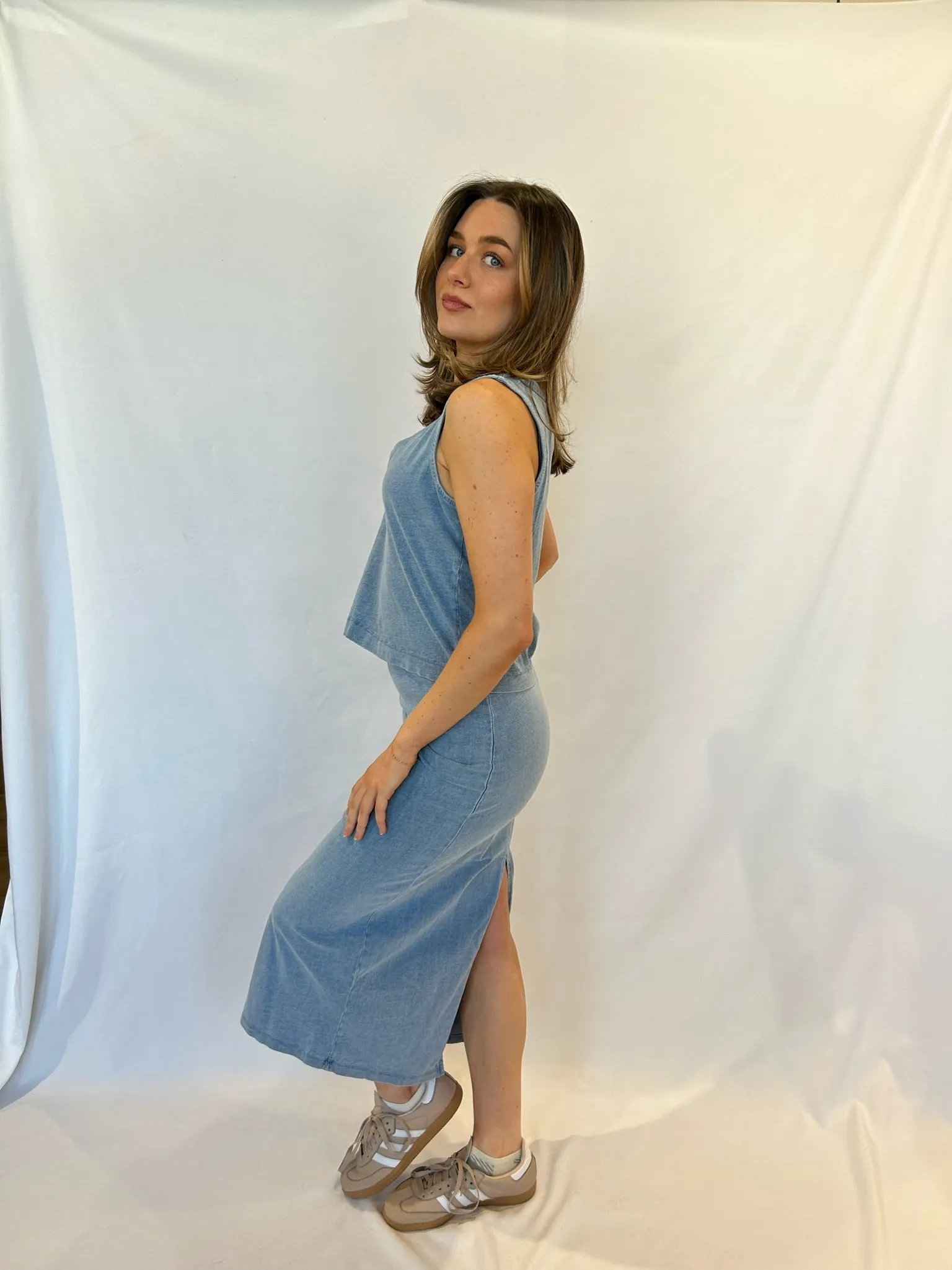 Gail Jersey Denim Midi Skirt