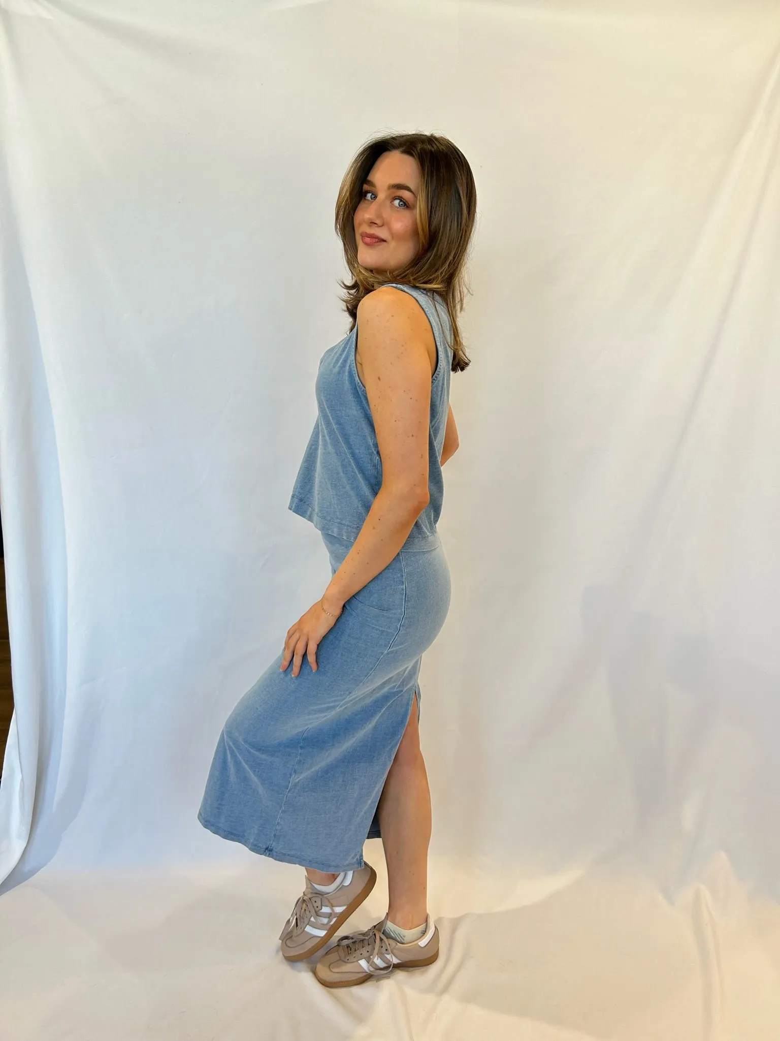 Gail Jersey Denim Midi Skirt