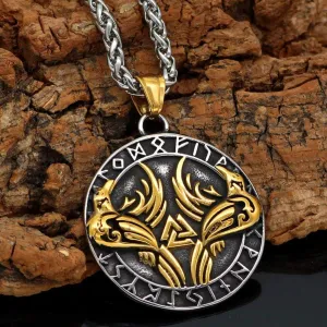 Gold Trimmed Raven Necklace with Valknut Symbol