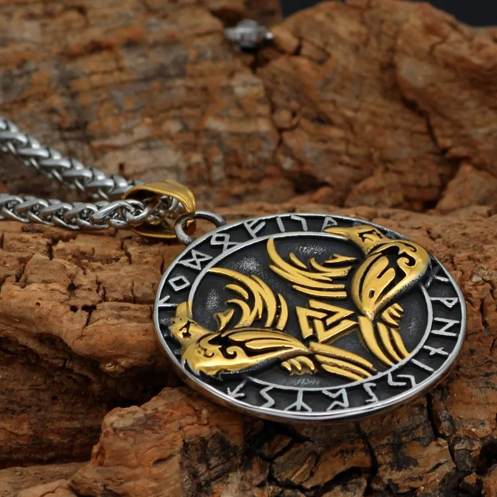 Gold Trimmed Raven Necklace with Valknut Symbol