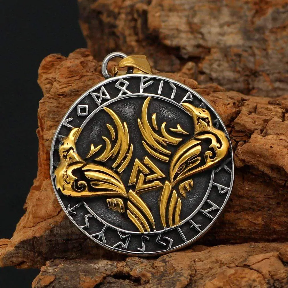 Gold Trimmed Raven Necklace with Valknut Symbol