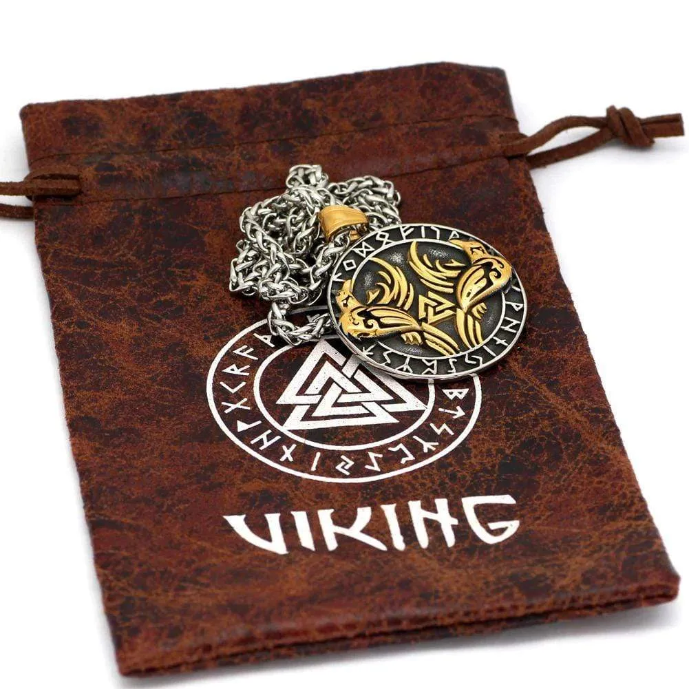 Gold Trimmed Raven Necklace with Valknut Symbol