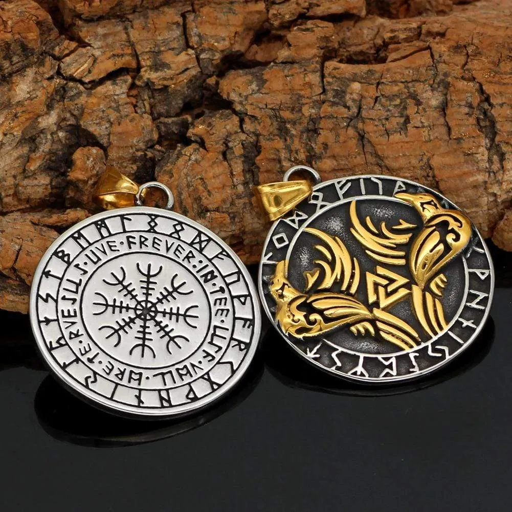 Gold Trimmed Raven Necklace with Valknut Symbol