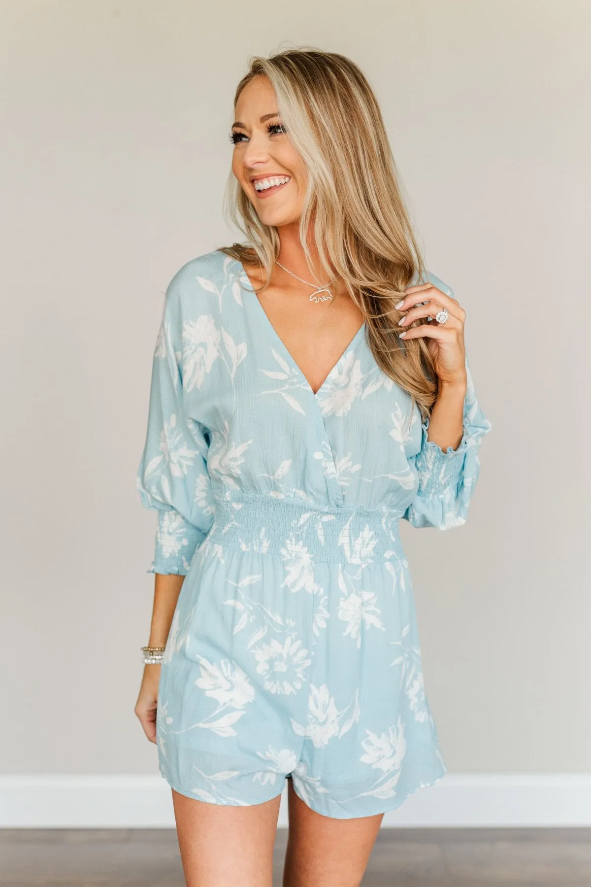 Got You On My Mind Floral Romper- Sky Blue