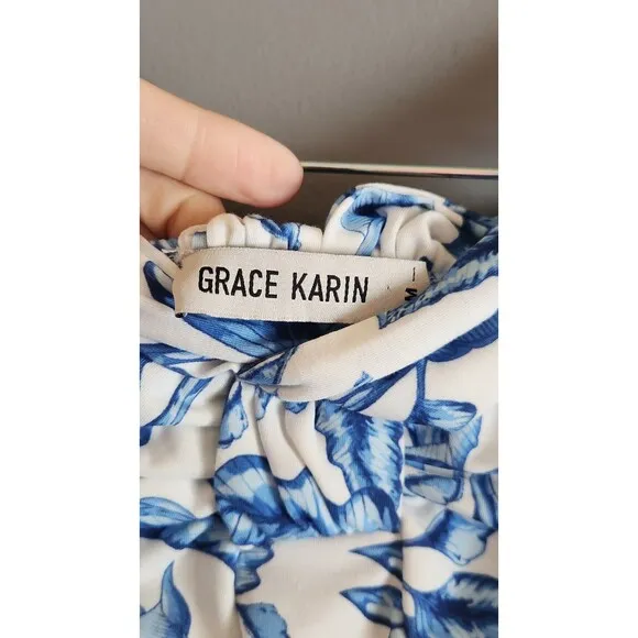 Grace Karin Halter Blue Floral Maxi Dress Women’s Size M Summer Vacation Boho