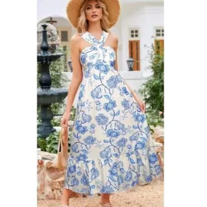 Grace Karin Halter Blue Floral Maxi Dress Women’s Size M Summer Vacation Boho