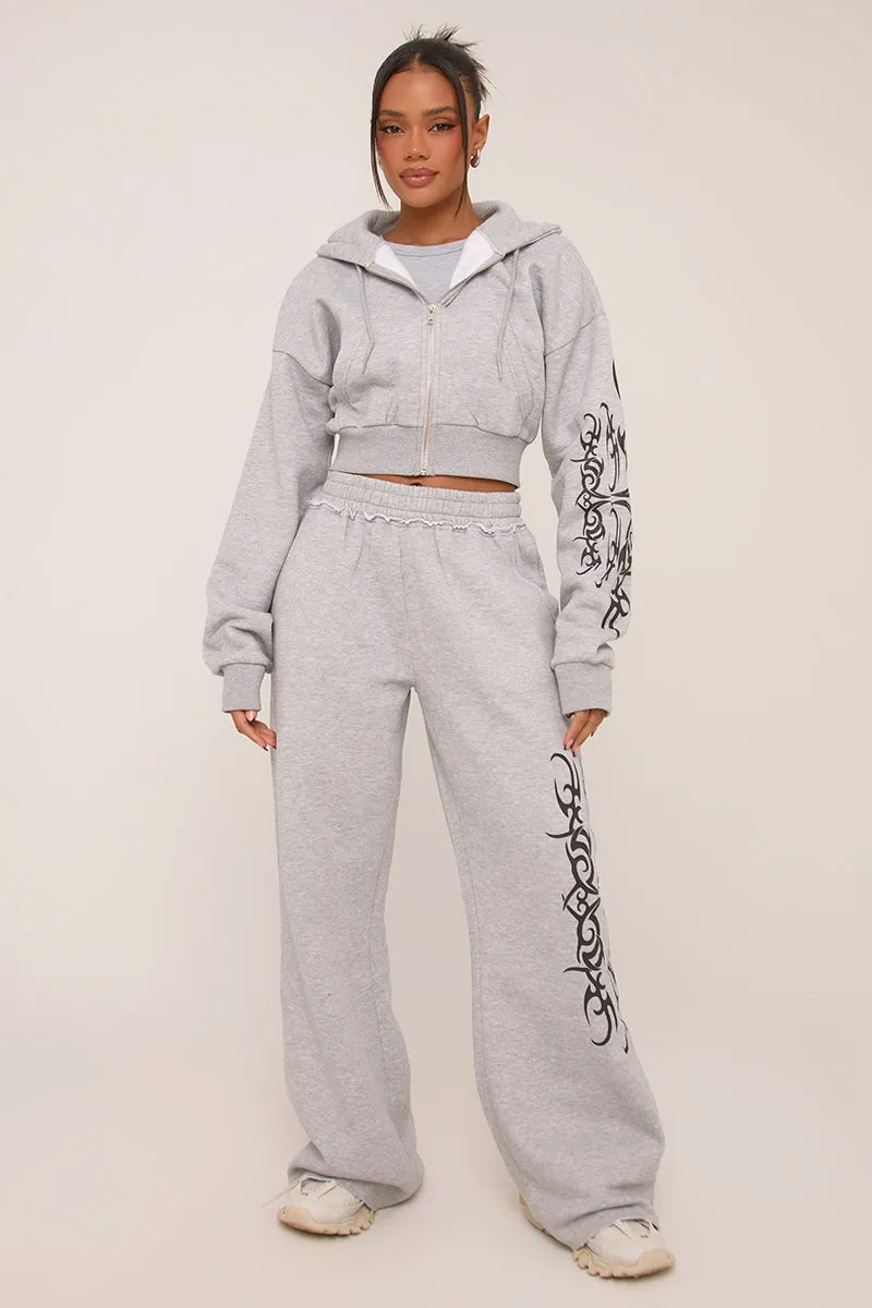 Grey Graphic Printed Zip Through Crop Hoodie - Charlee