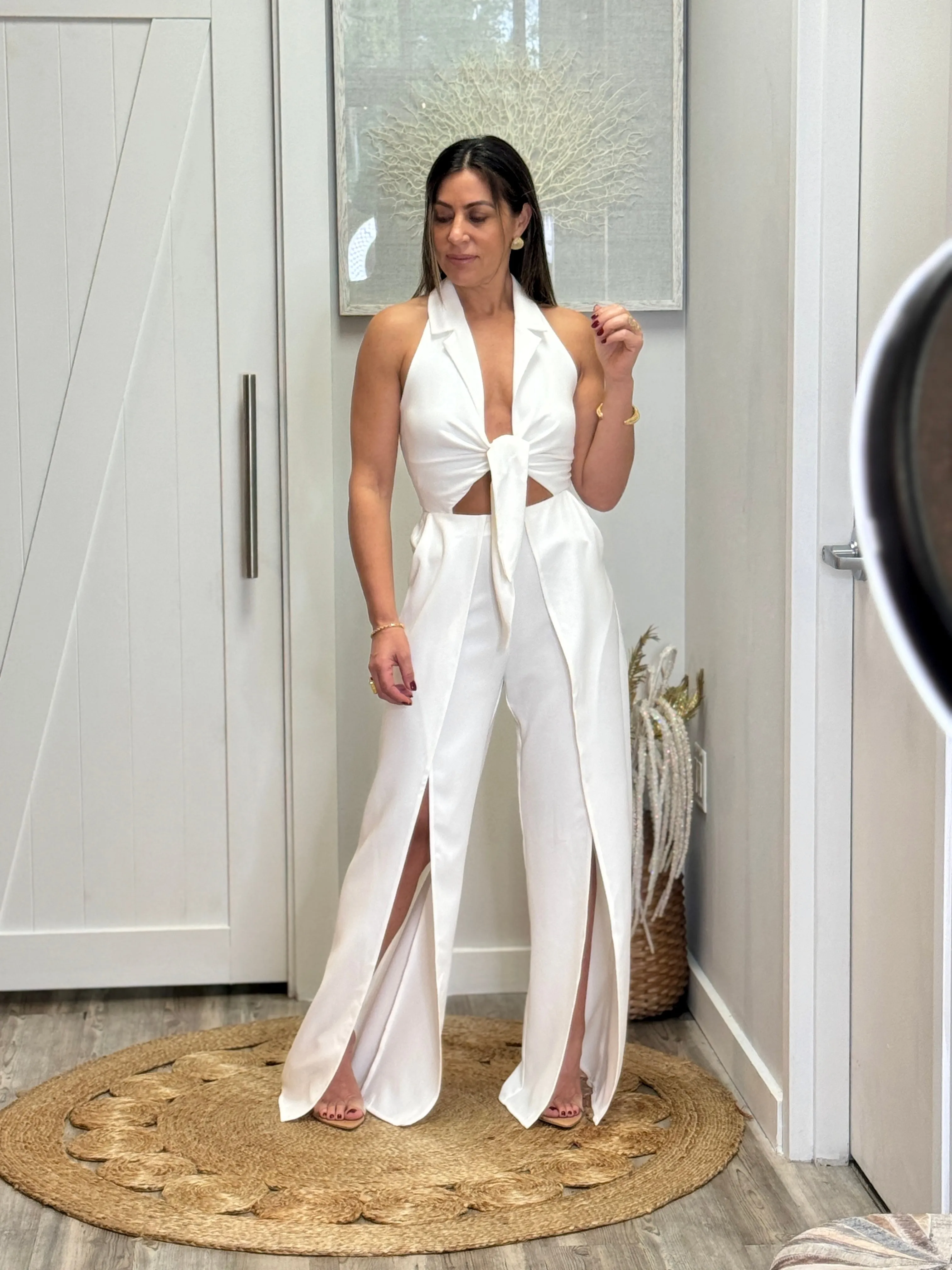 “Hanna" Halter Tie Front Split Jumpsuit
