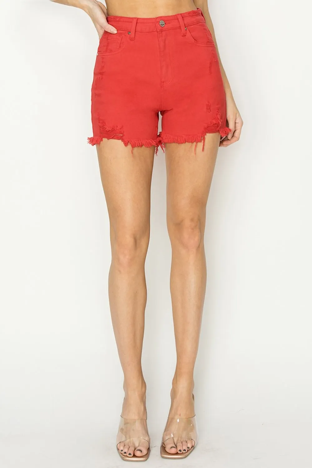 Hazel Blues® |  RISEN High Rise Distressed Denim Shorts