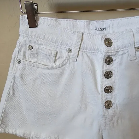 Hudson Zoeey High Rise White Denim Cut Off Shorts with Exposed Button Fly
