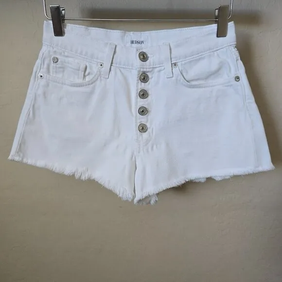 Hudson Zoeey High Rise White Denim Cut Off Shorts with Exposed Button Fly