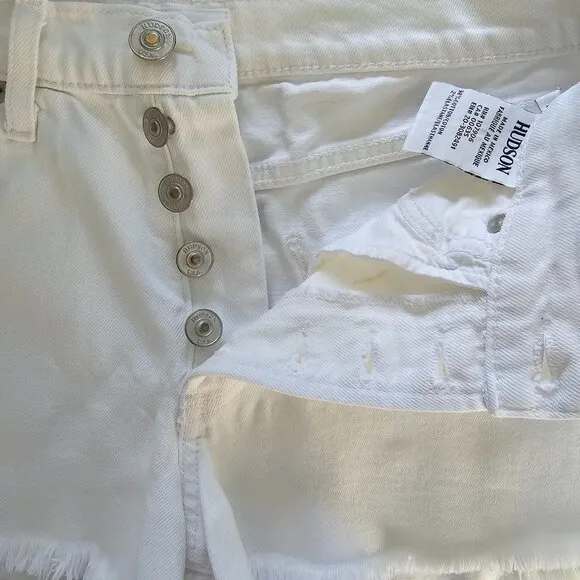 Hudson Zoeey High Rise White Denim Cut Off Shorts with Exposed Button Fly