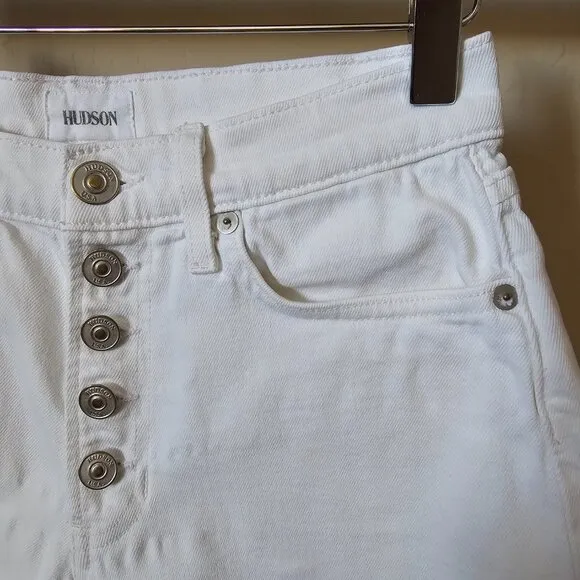 Hudson Zoeey High Rise White Denim Cut Off Shorts with Exposed Button Fly