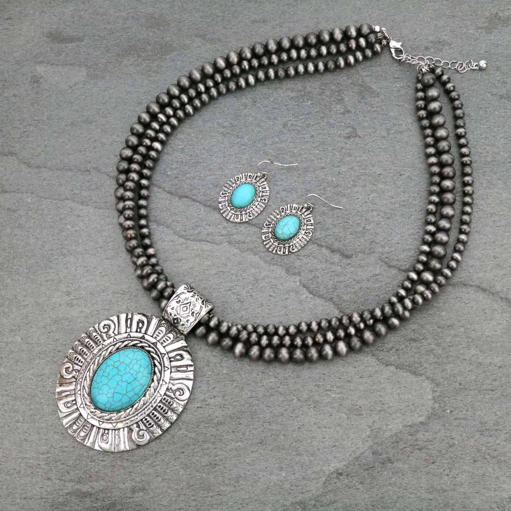 Iverness 3 Strand Fashion Necklace With Stamped Concho Pendant & Earrings