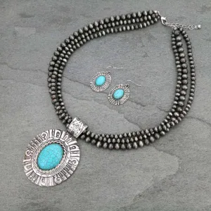 Iverness 3 Strand Fashion Necklace With Stamped Concho Pendant & Earrings