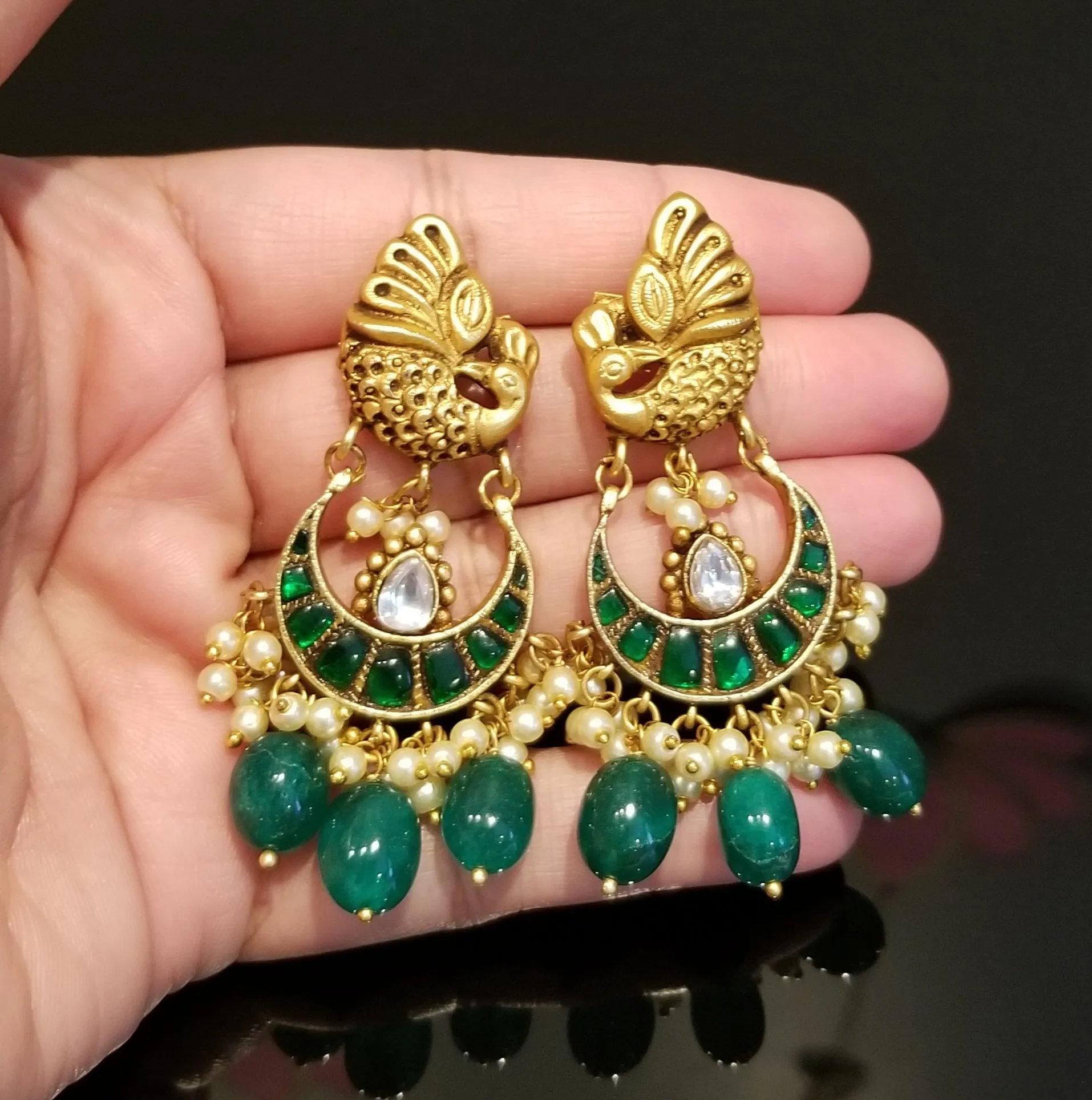 Kundan Jadau Silver  Look Alike Peacock Chandbali Earrings
