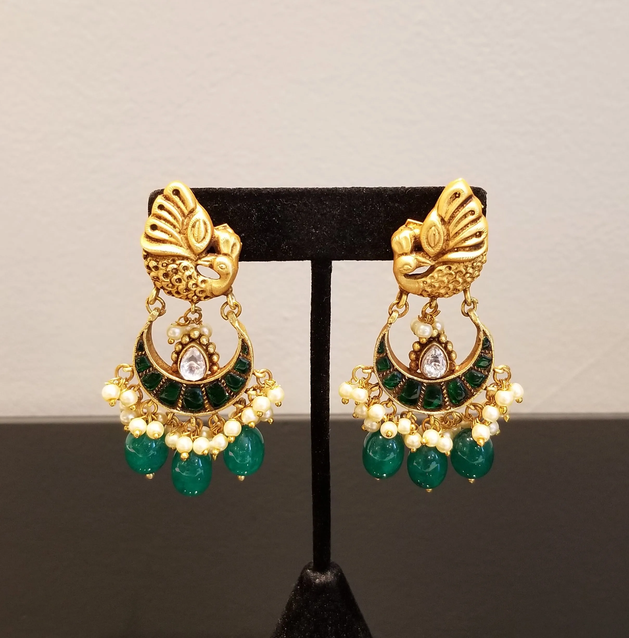 Kundan Jadau Silver  Look Alike Peacock Chandbali Earrings