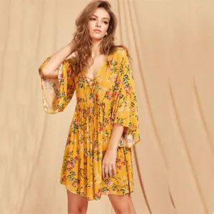 Lace Up Plunge Neck Golden Flare Dress
