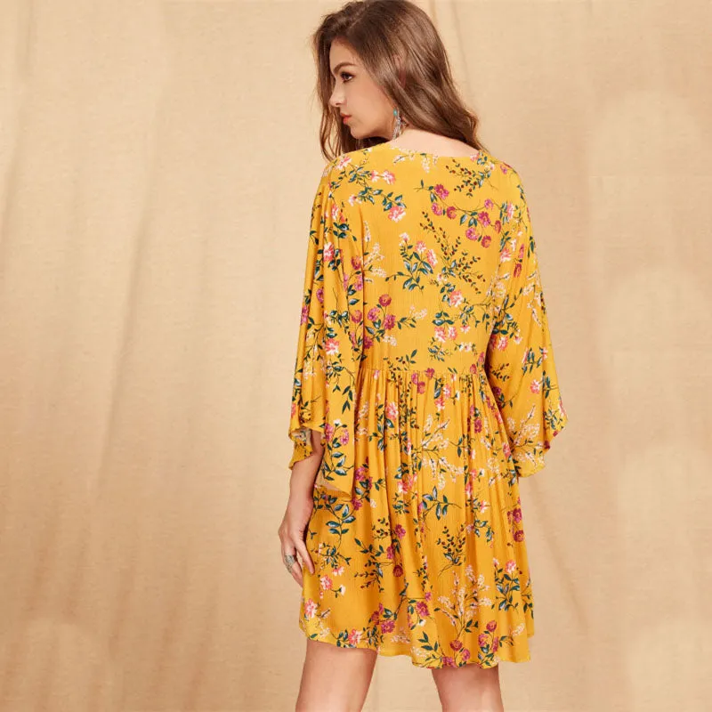 Lace Up Plunge Neck Golden Flare Dress