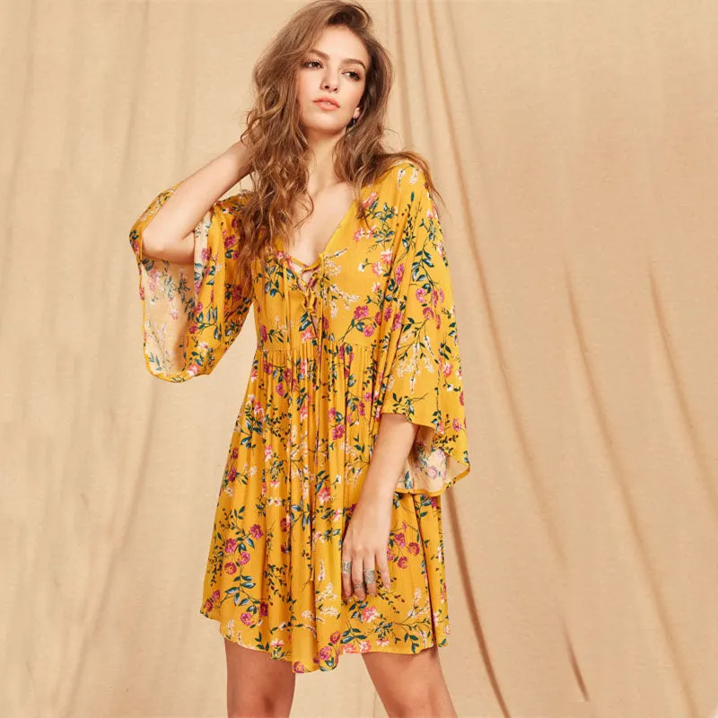 Lace Up Plunge Neck Golden Flare Dress