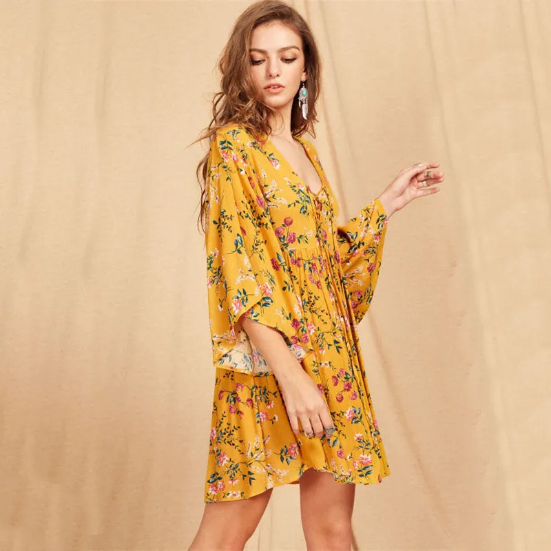 Lace Up Plunge Neck Golden Flare Dress