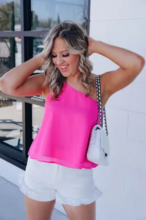 Liliana One-Shoulder Chiffon Top - Hot Pink