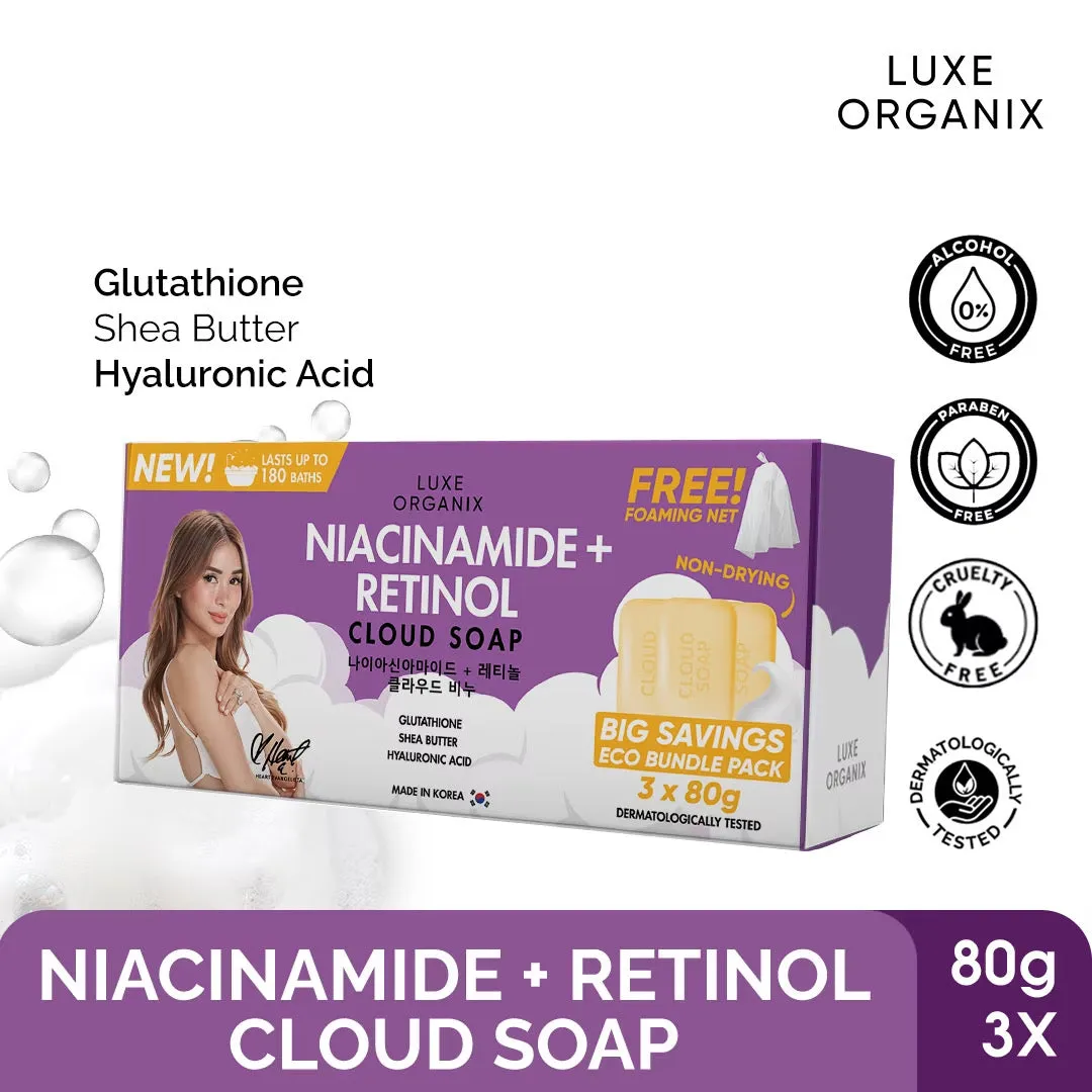 LUXE ORGANIX Niacinamide   Retinol Cloud Soap 3 x 80g (Eco Bundle Pack)