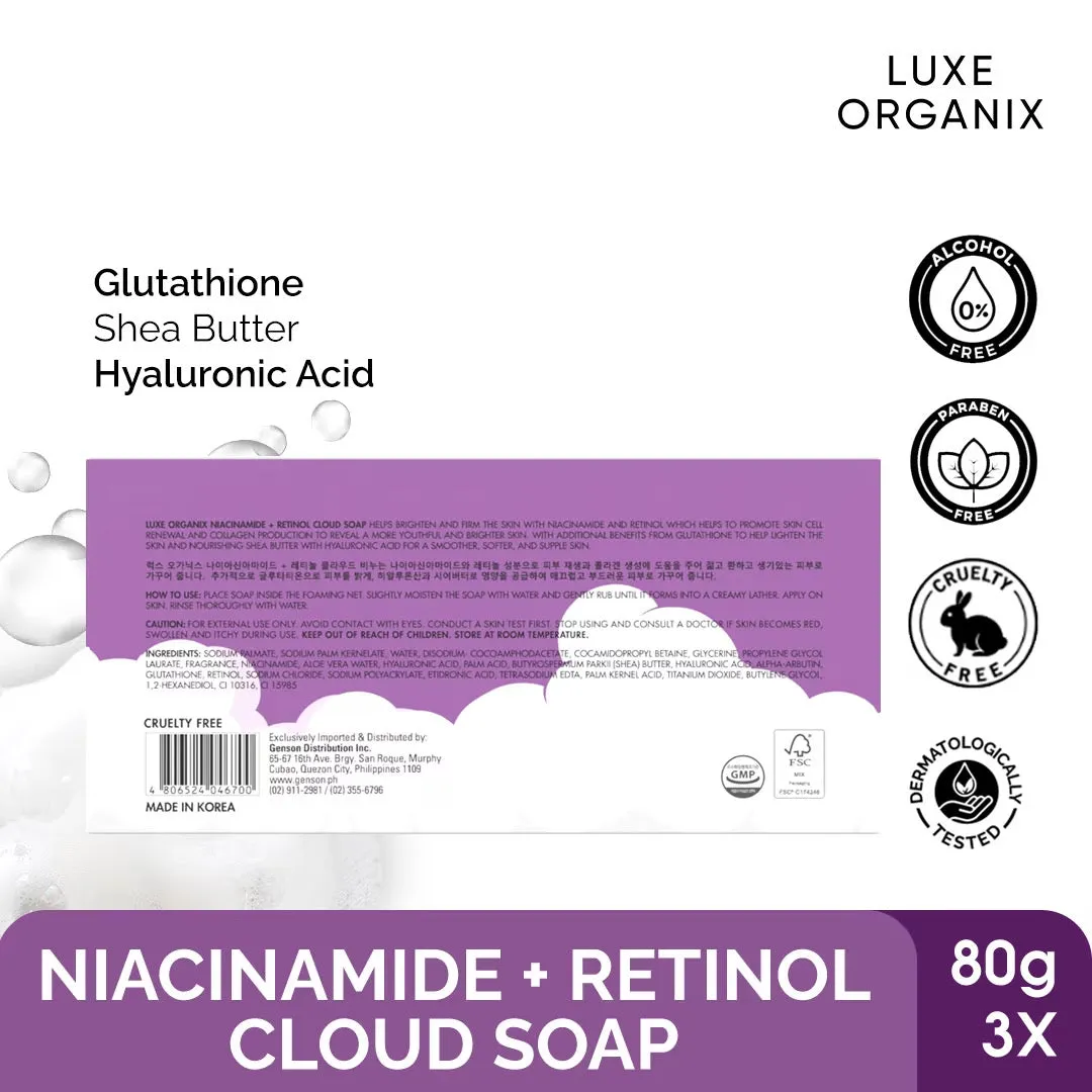 LUXE ORGANIX Niacinamide   Retinol Cloud Soap 3 x 80g (Eco Bundle Pack)