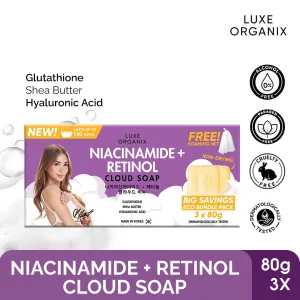 LUXE ORGANIX Niacinamide   Retinol Cloud Soap 3 x 80g (Eco Bundle Pack)