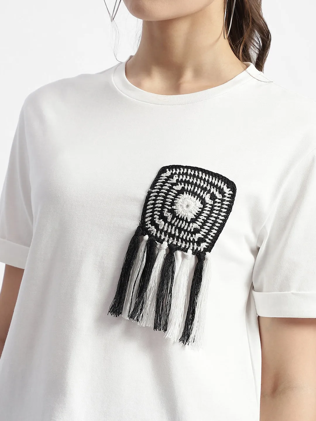 Madame Applique Pocket White Coloured T-Shirt