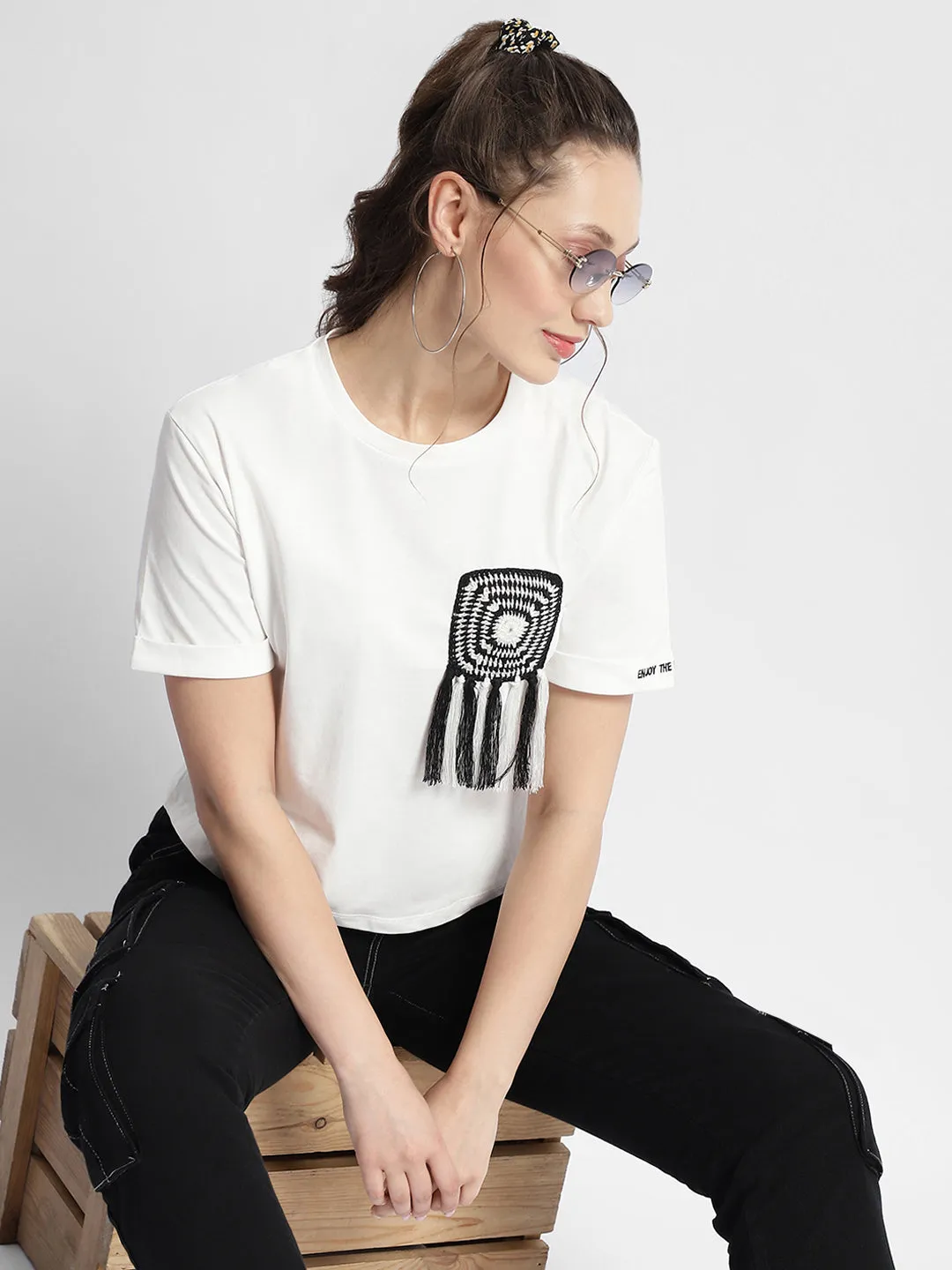 Madame Applique Pocket White Coloured T-Shirt