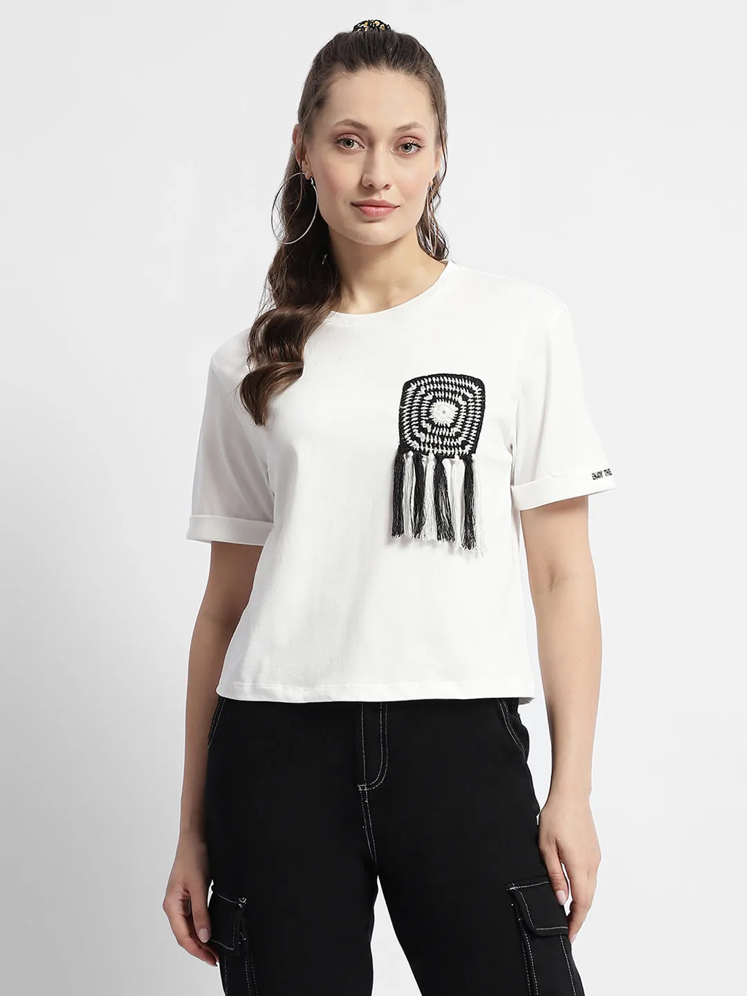 Madame Applique Pocket White Coloured T-Shirt