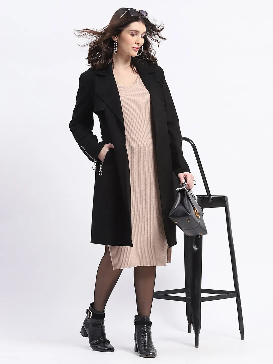 Madame Metal Zip Raw Edge Detailed Solid Black Trench Coat