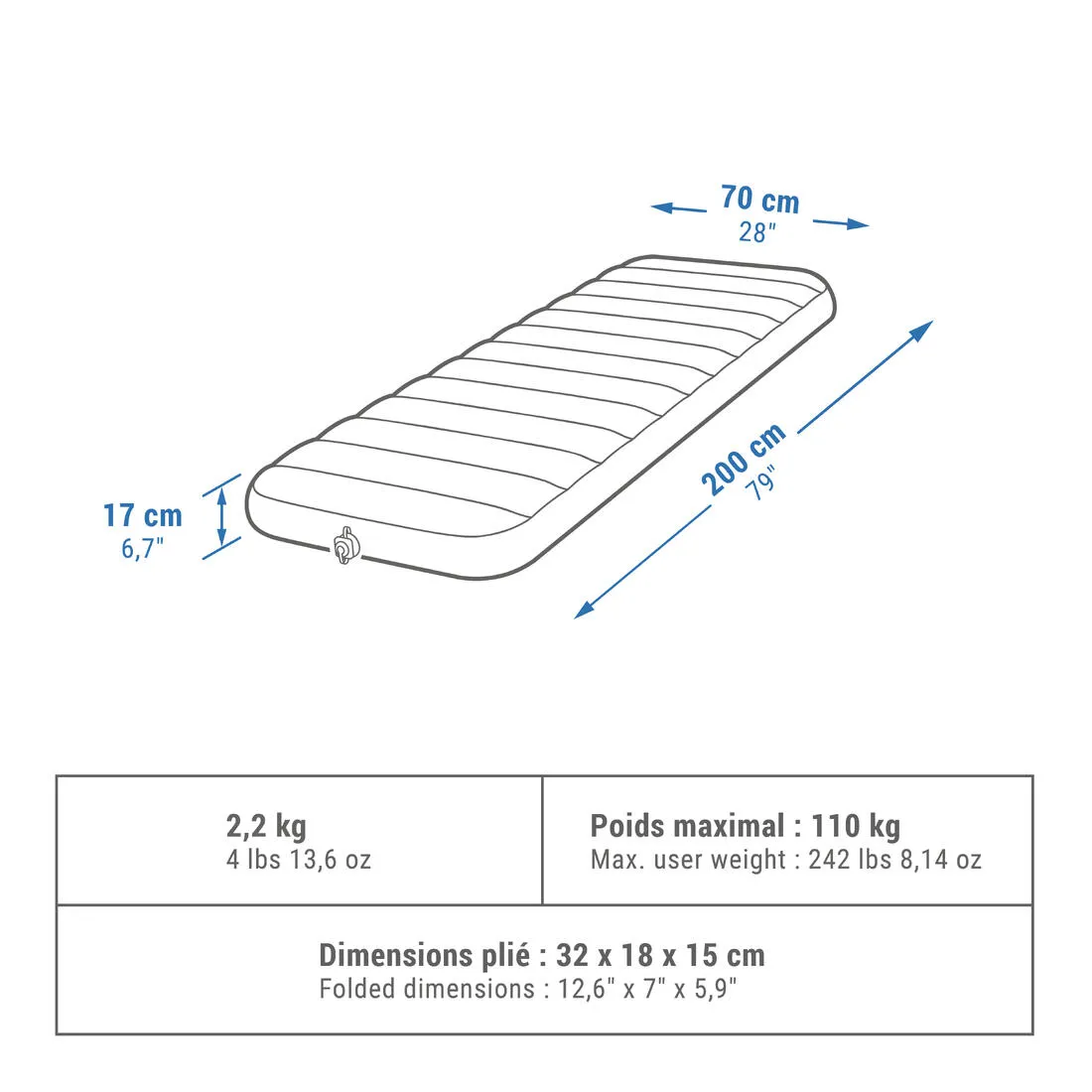 MATELAS GONFLABLE DE CAMPING - AIR COMFORT 70 CM - 1 PERSONNE