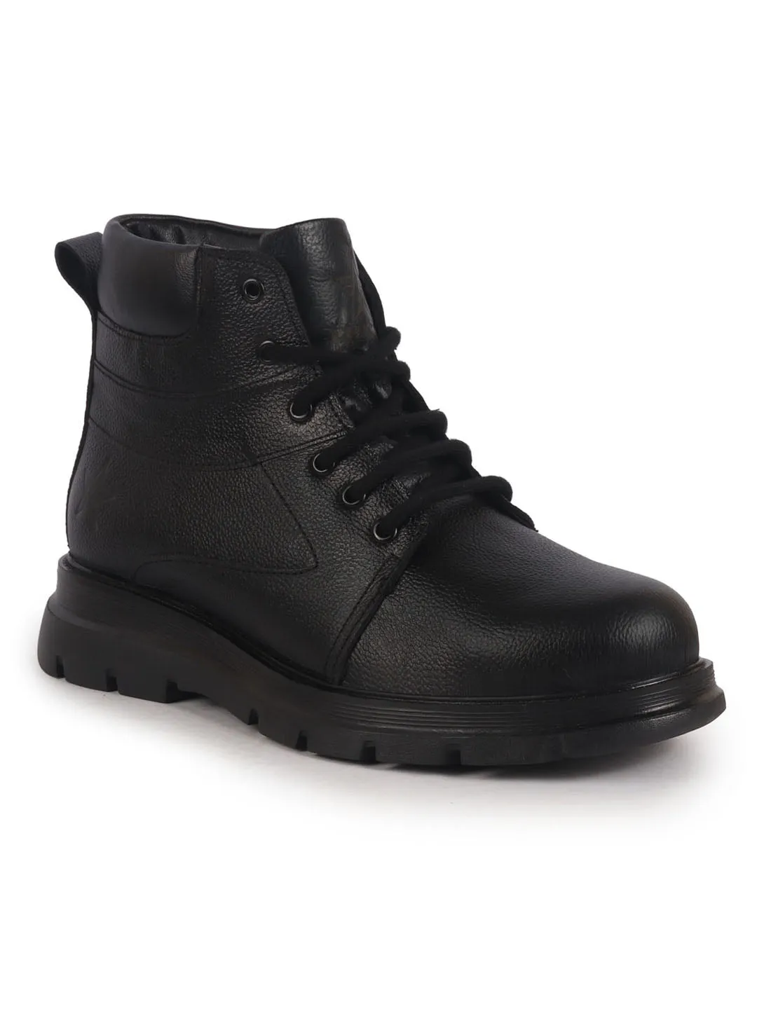Men Black Genuine Leather Lace Up Ankle Boots|High Ankle Shoes|Featherlite Memory Cushion Boots|Casual and Work Wear