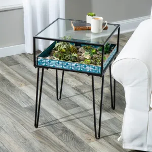 Metal Table with Glass Top and Teal Metal Planter Dish,8ssm110
