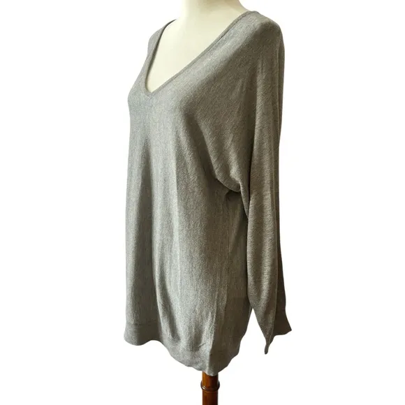 MINNIE ROSE SWEATER S V NECK TENCEL SILK NYLON LONG LENGTH OVERSIZED CASUAL GRAY