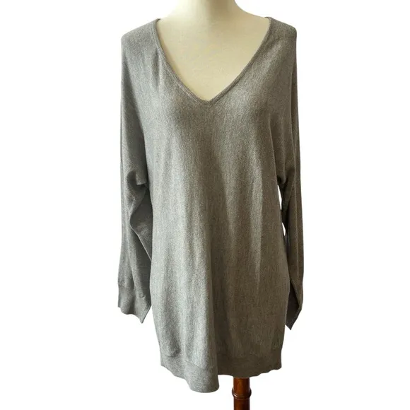 MINNIE ROSE SWEATER S V NECK TENCEL SILK NYLON LONG LENGTH OVERSIZED CASUAL GRAY
