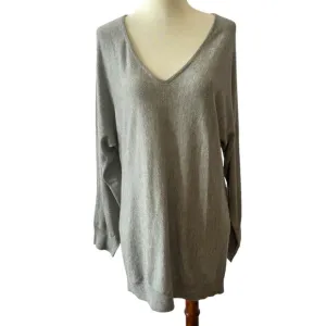 MINNIE ROSE SWEATER S V NECK TENCEL SILK NYLON LONG LENGTH OVERSIZED CASUAL GRAY