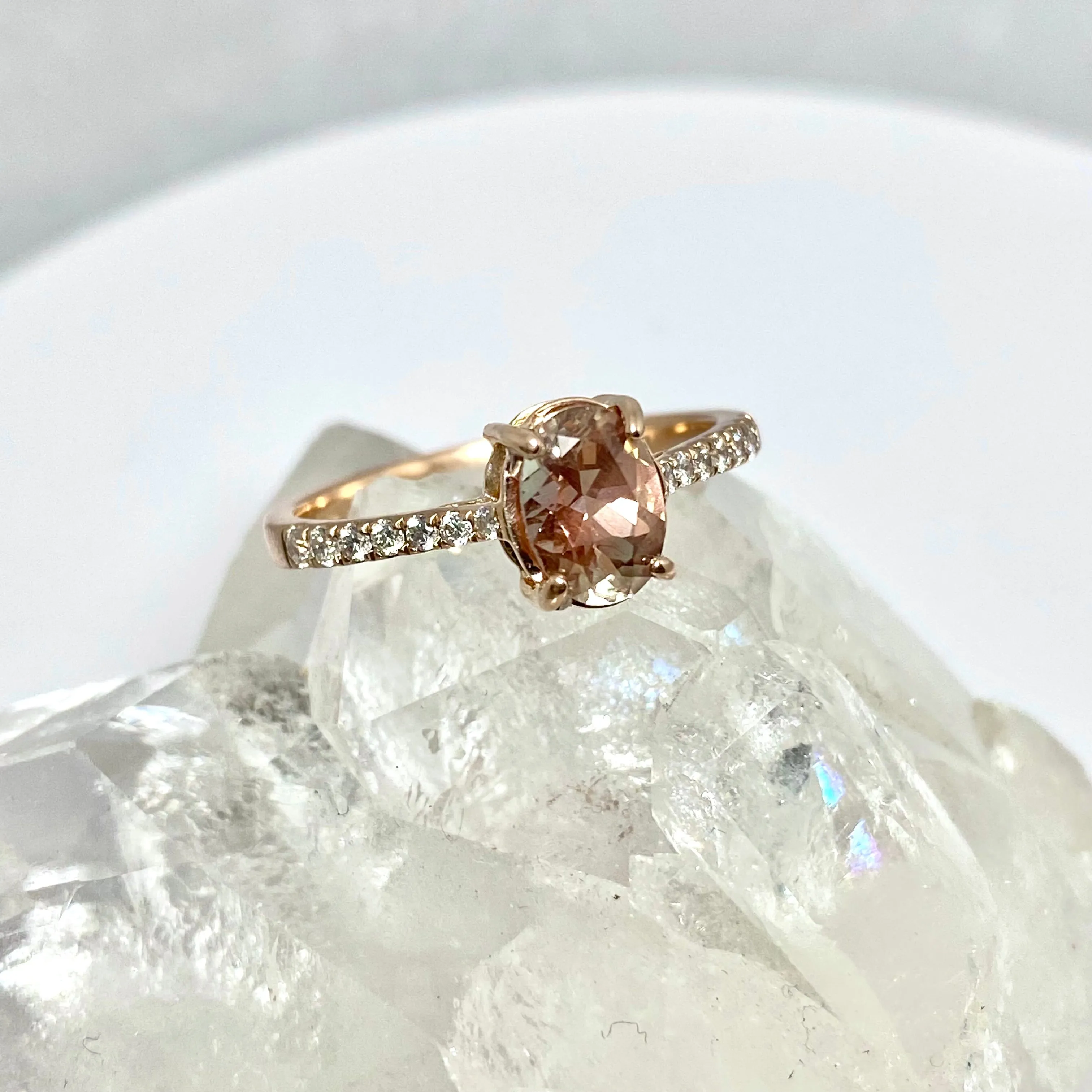 Oregon Sunstone and Diamond Ring in 14k Rose Gold