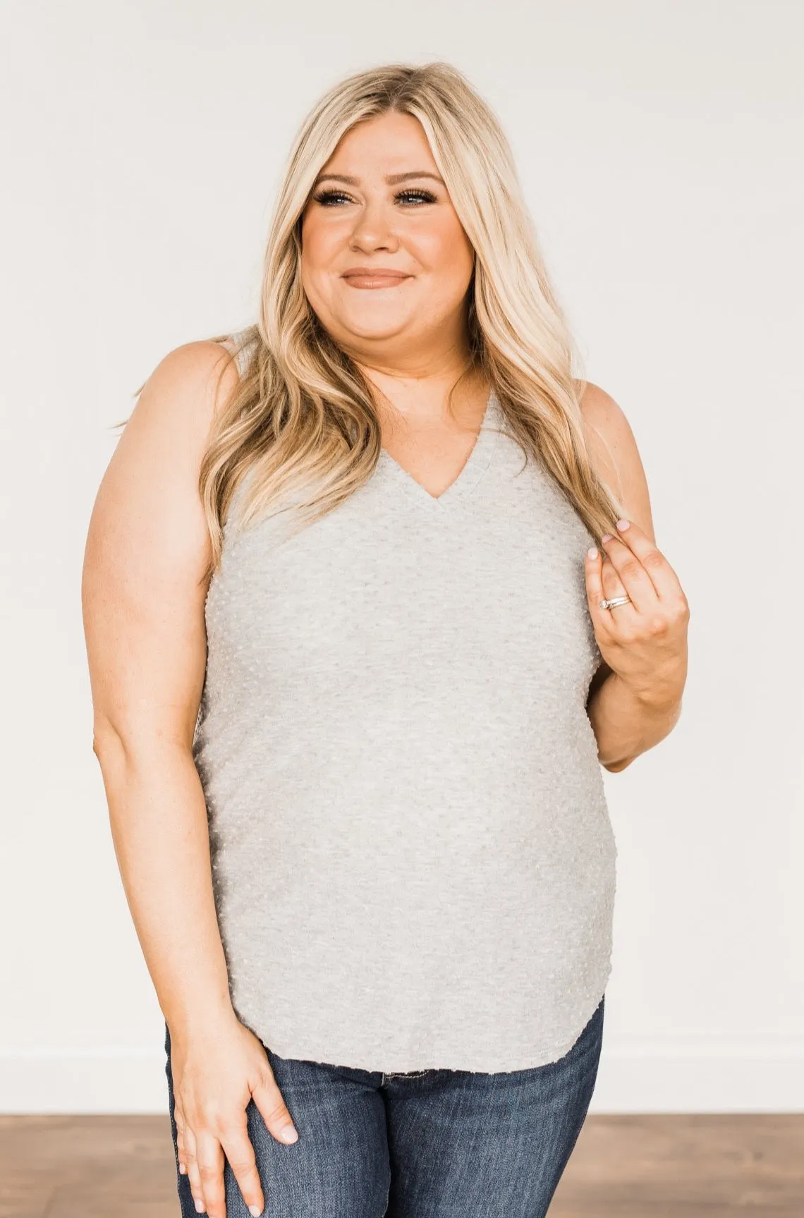 Owns My Heart V-Neck Tank Top- Grey