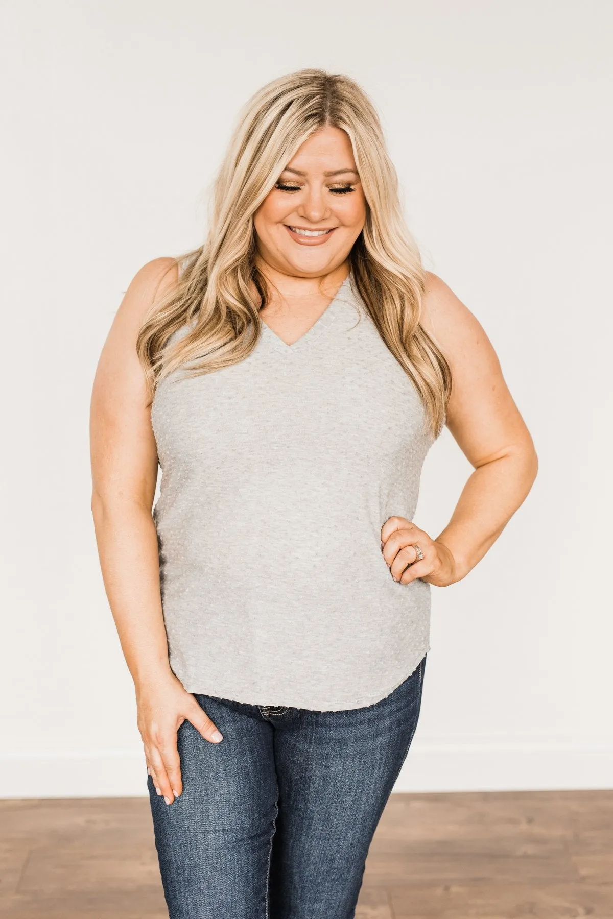 Owns My Heart V-Neck Tank Top- Grey