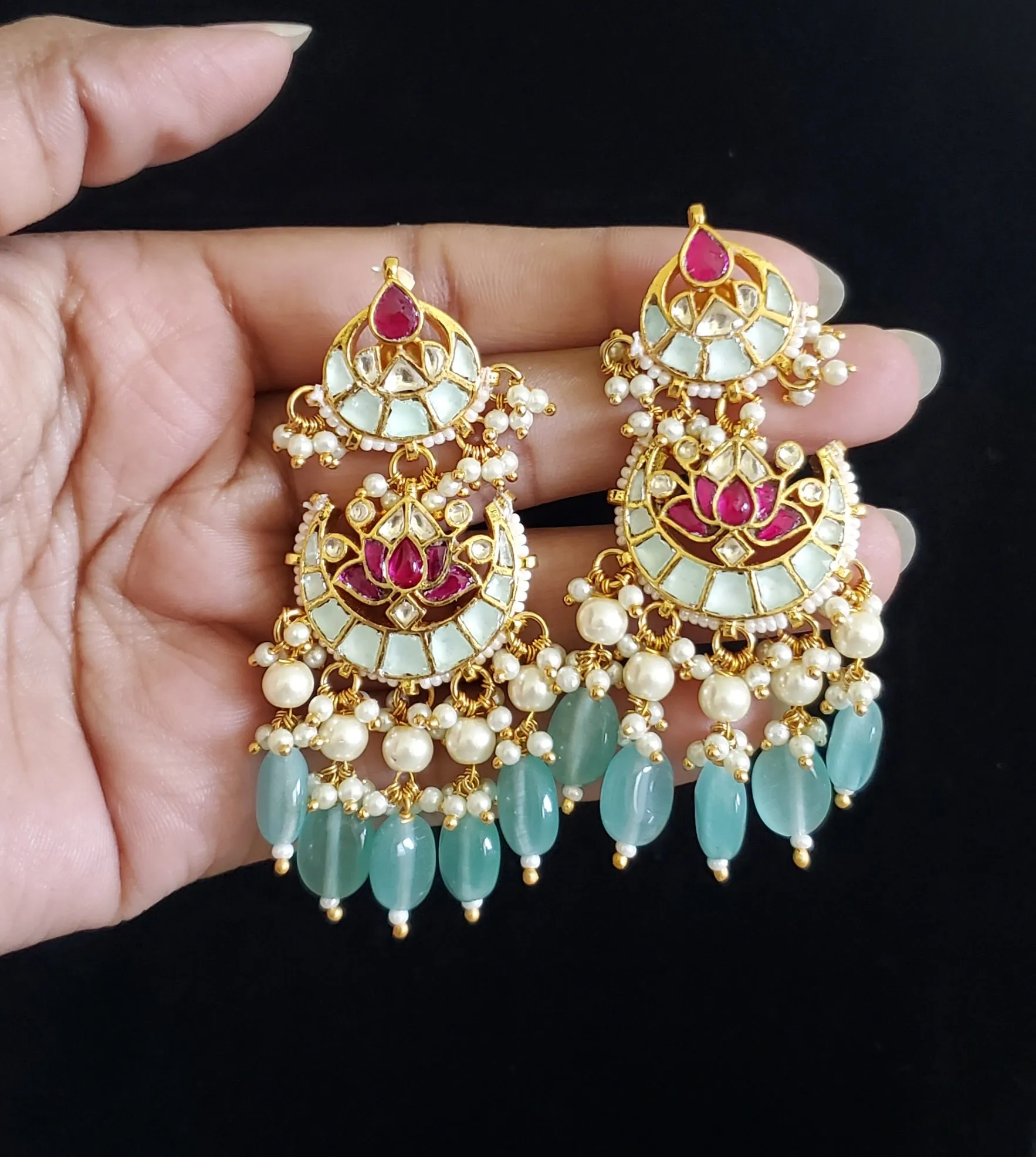 Pachi Kundan Lotus Earrings With Gold Plating B54