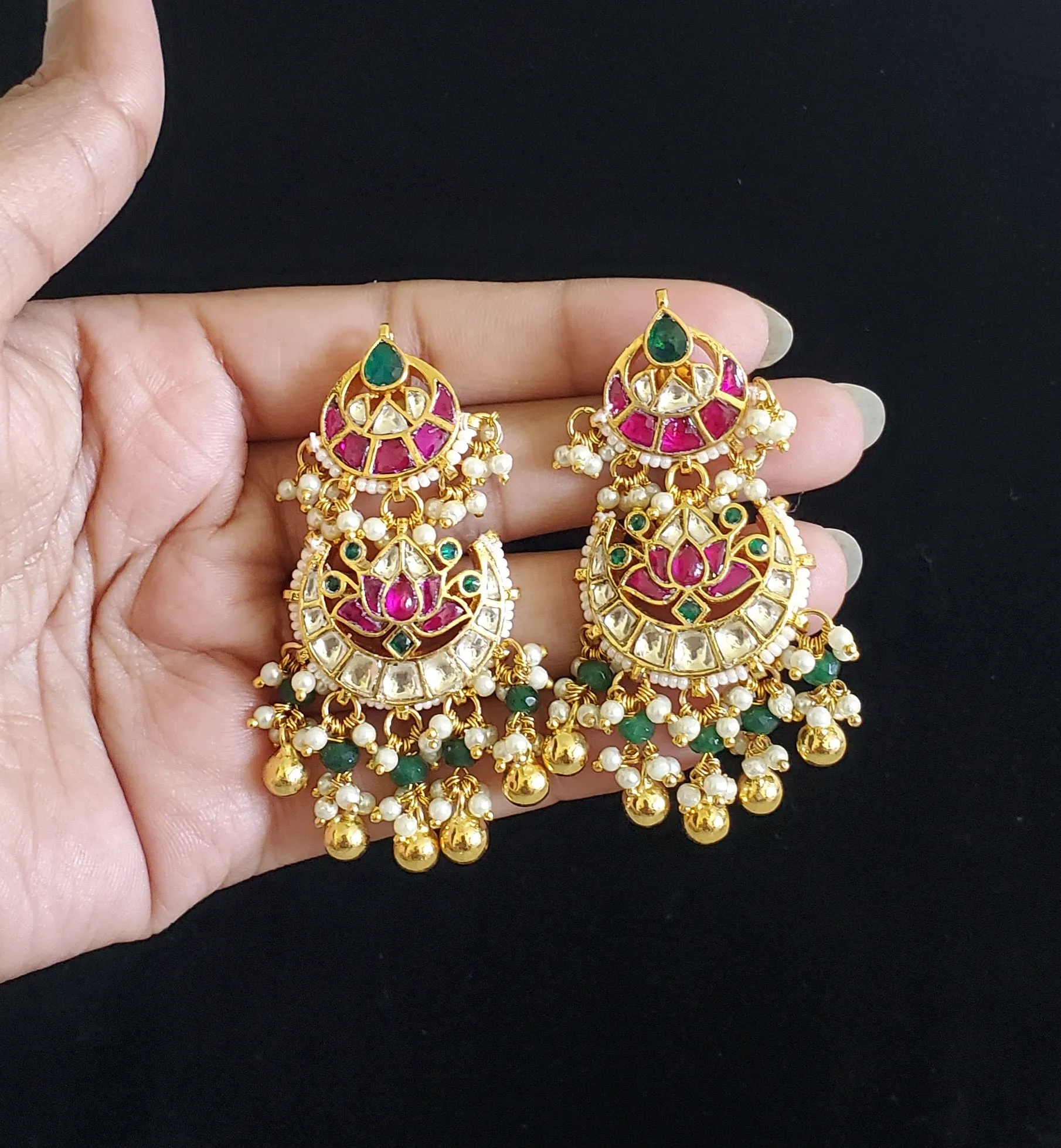 Pachi Kundan Lotus Earrings With Gold Plating B54