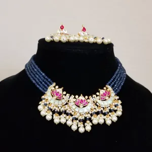 Pachi Kundan Lotus Pendant Beads Necklace Set With Gold Plating