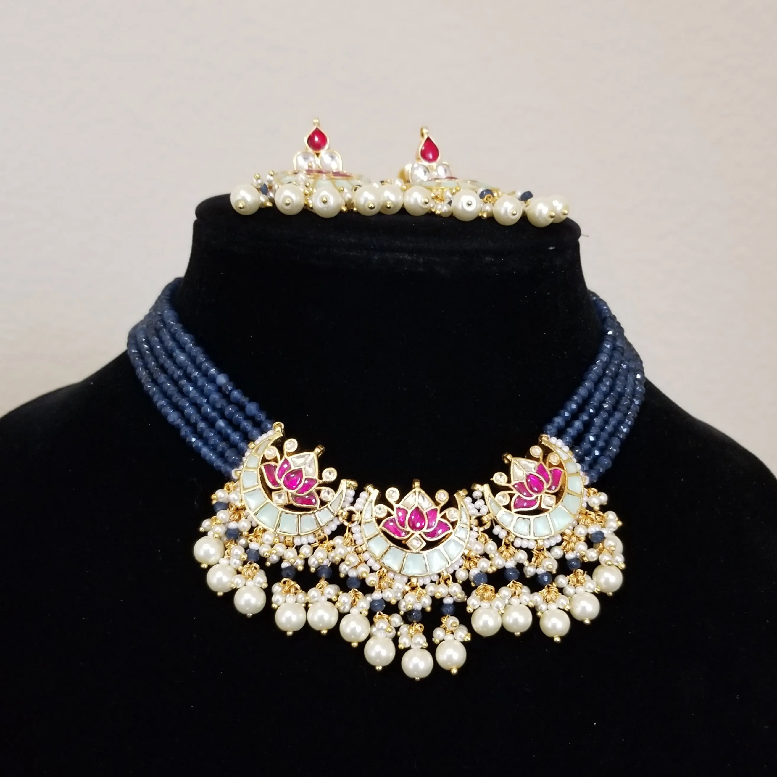 Pachi Kundan Lotus Pendant Beads Necklace Set With Gold Plating