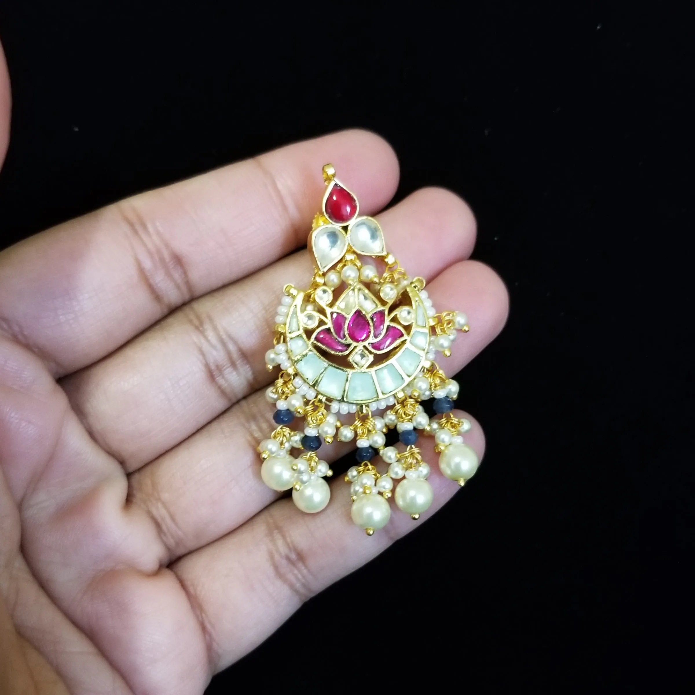 Pachi Kundan Lotus Pendant Beads Necklace Set With Gold Plating