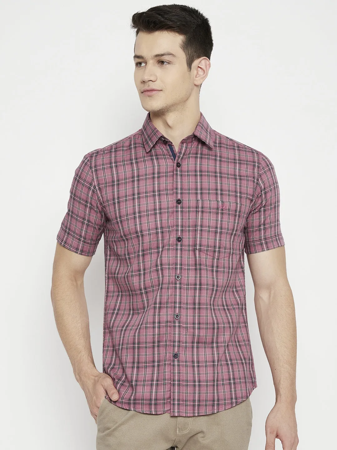 Peach Checked Slim Fit shirt